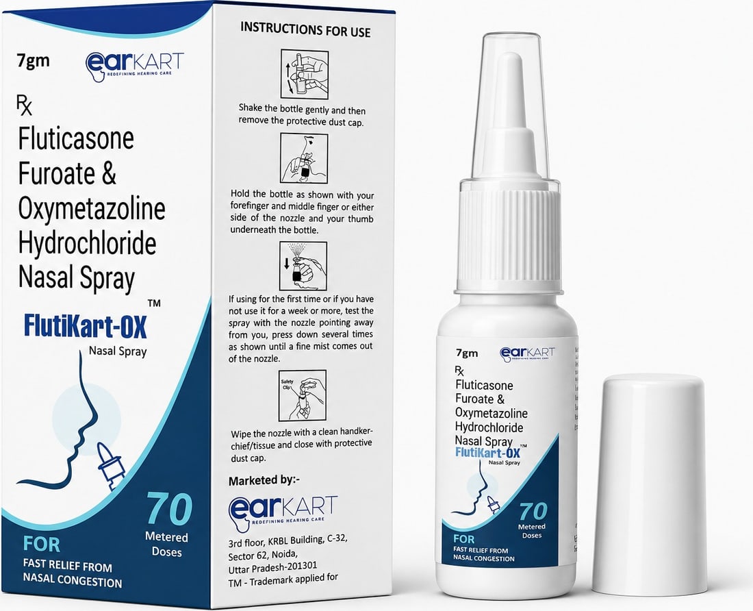 FlutiKart OX fluticasone furoate and oxymetazoline nasal spray by Earkart for allergic rhinitis with nasal congestion
