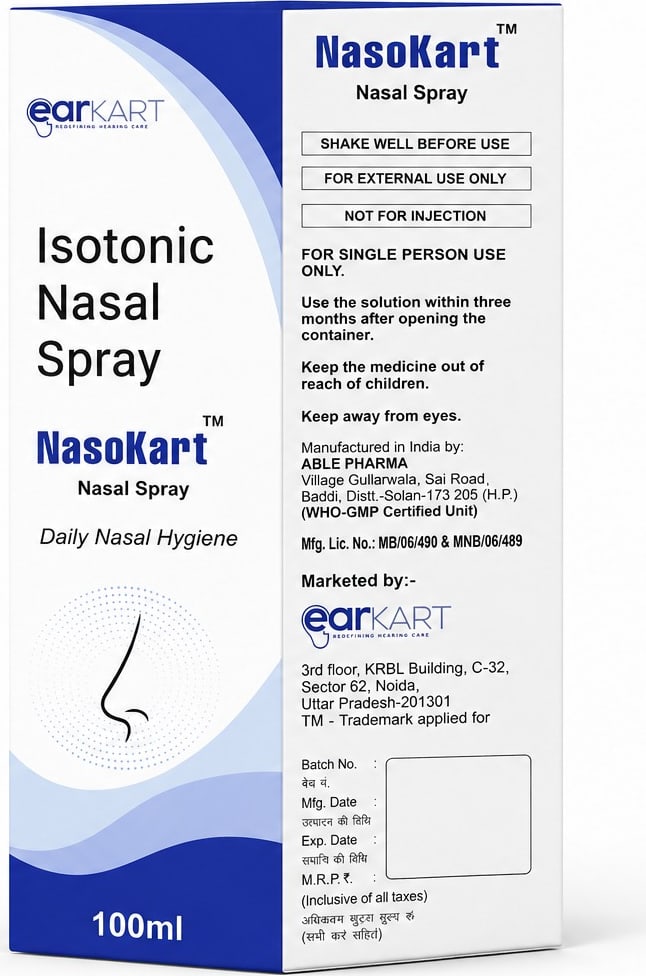 NasoKart isotonic saline nasal spray by Earkart for daily nasal hygiene and moisturisation